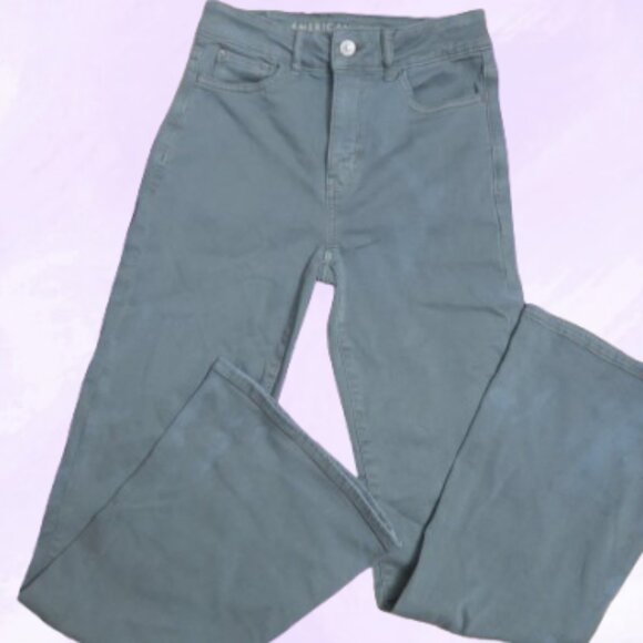 American Eagle Outfitters stretch super hi-rise flare denim jeans in green 0 - Picture 2 of 11